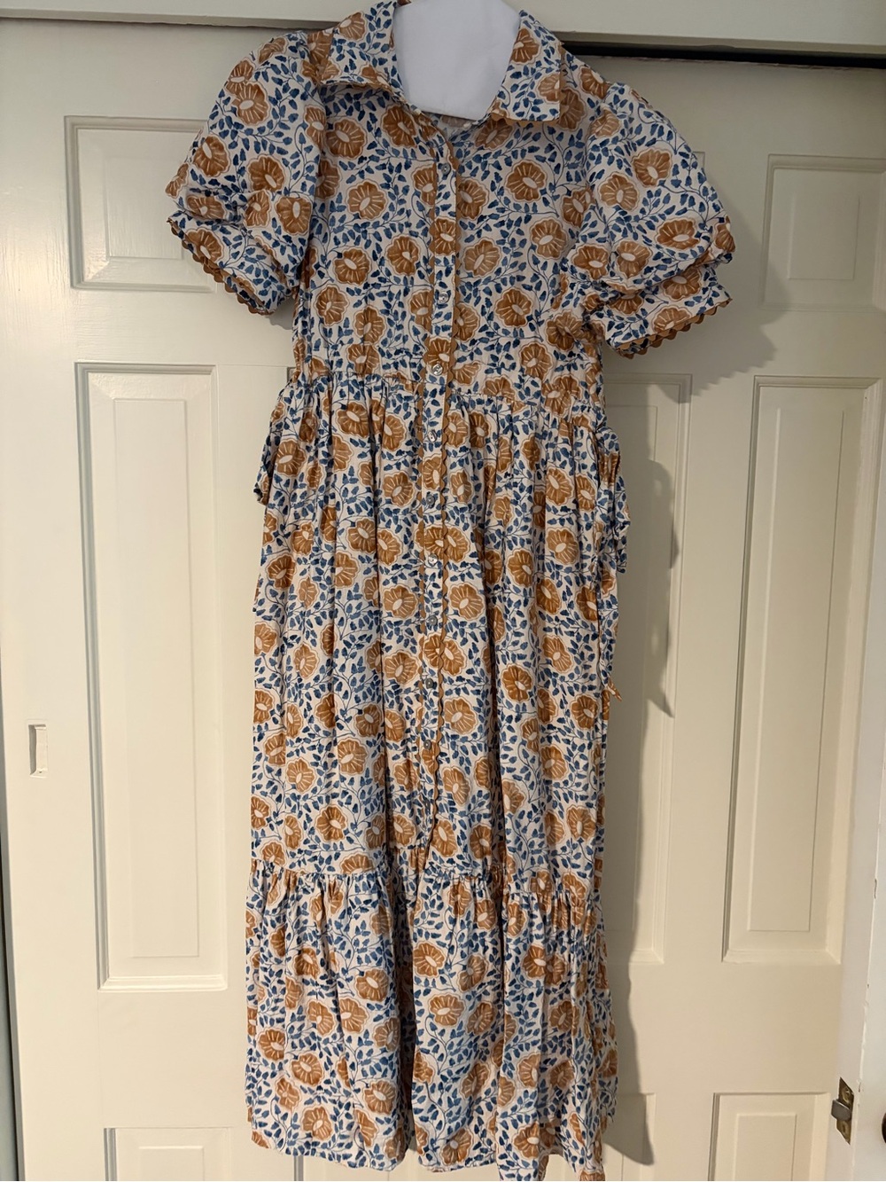 entro White Midi Dress with Blue Leaf & Mustard Floral Print